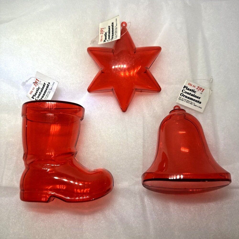 3 Vintage Hard Plastic Container Ornaments Christmas Bell Santa Boot North Star